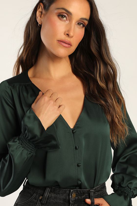 Essential Chic Dark Green Satin Long Sleeve Button-Up Top