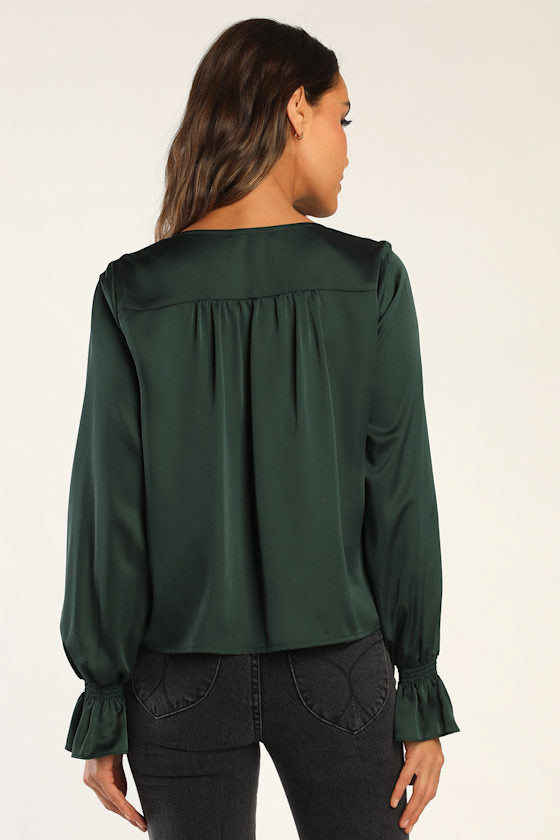 Essential Chic Dark Green Satin Long Sleeve Button-Up Top
