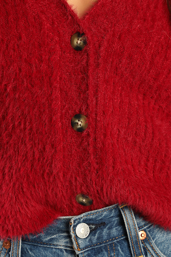 Cozy Touch Wine Red Eyelash Knit Button-Up Cardigan Sweater