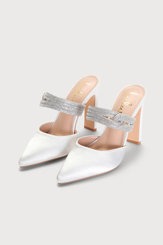 Celines White Satin Rhinestone Pointed-Toe Mule Pumps