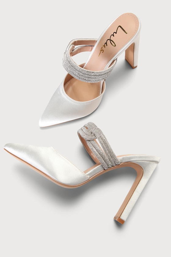 Celines White Satin Rhinestone Pointed-Toe Mule Pumps