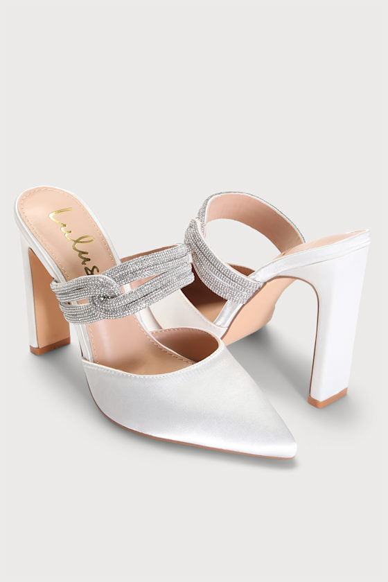 Celines White Satin Rhinestone Pointed-Toe Mule Pumps