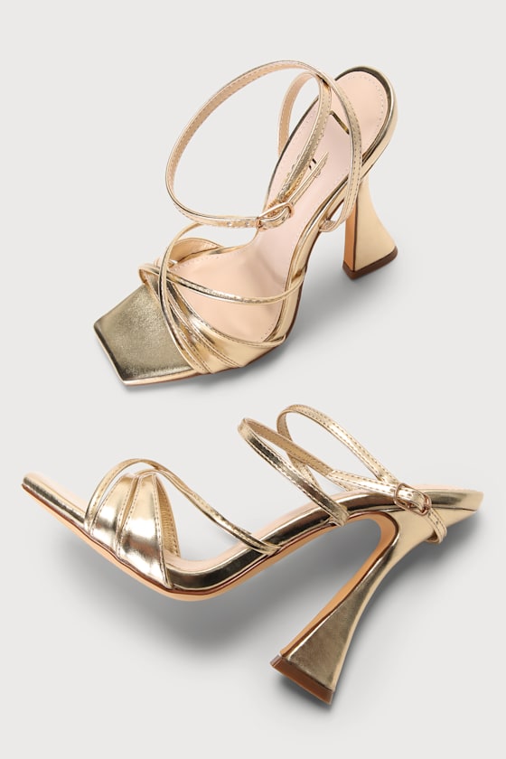 Yanta Gold Metallic Strappy Square-Toe High Heel Sandals
