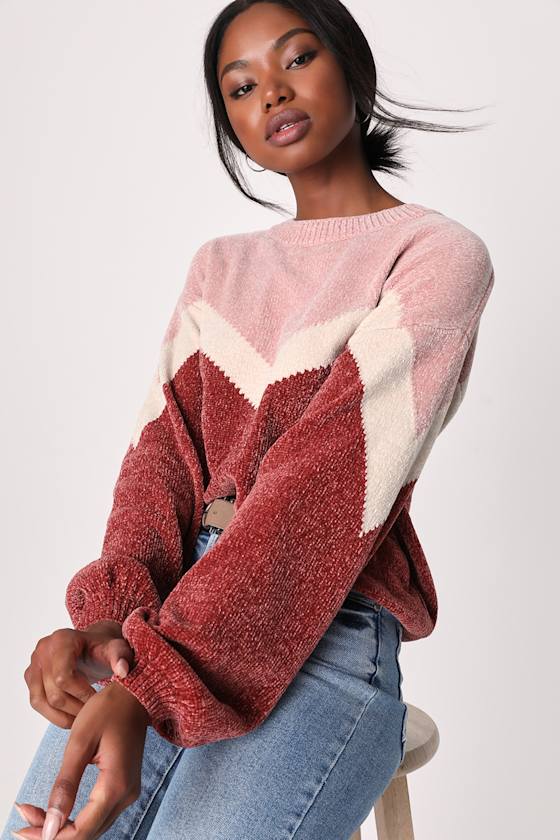 Constant Cuddles Pink Chevron Chenille Knit Sweater