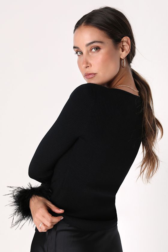 Material Girl Black Ribbed Feather Cuff Sweater Top