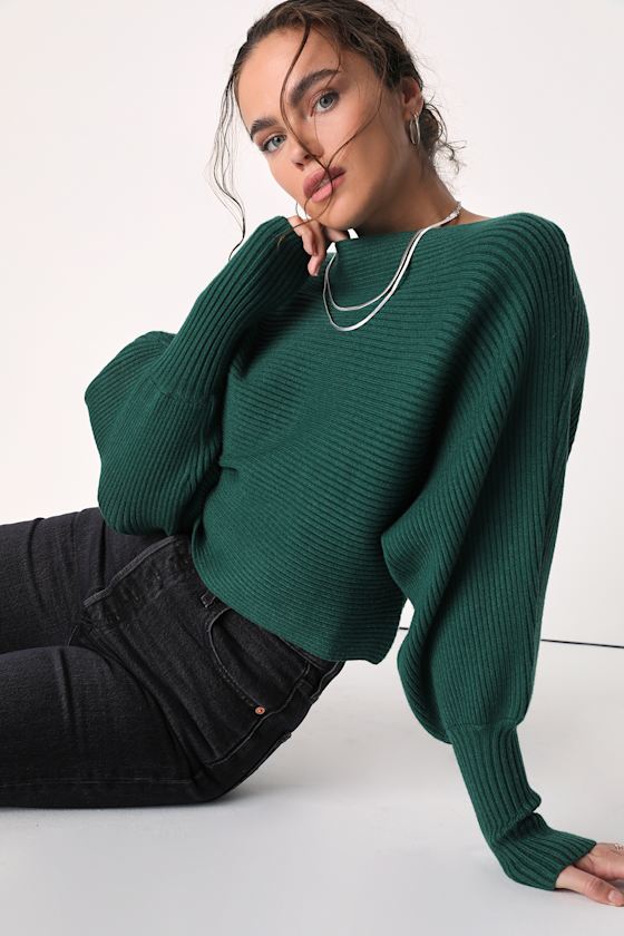 Classically Cozy Dark Green Ribbed Dolman Sleeve Cropped Sweater