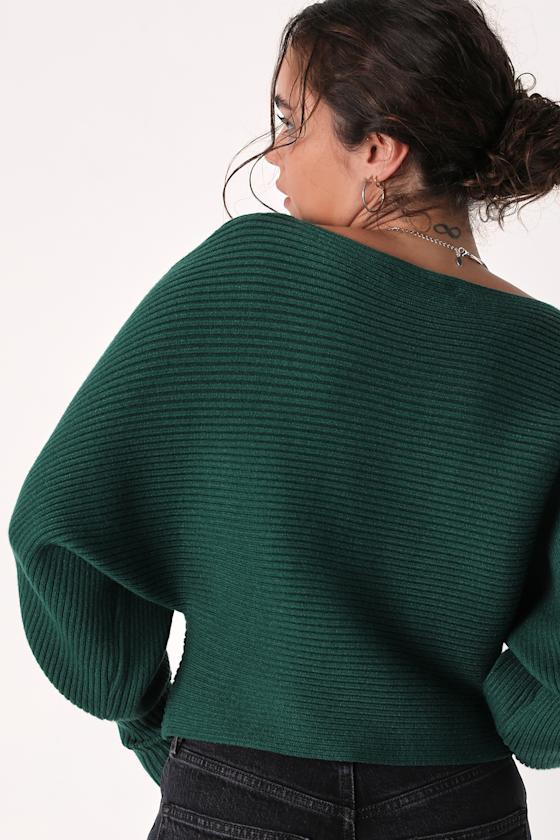 Classically Cozy Dark Green Ribbed Dolman Sleeve Cropped Sweater