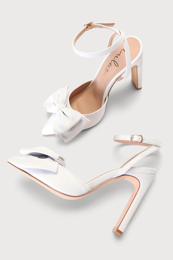Penson White Bow Pointed-Toe Ankle Strap Pumps