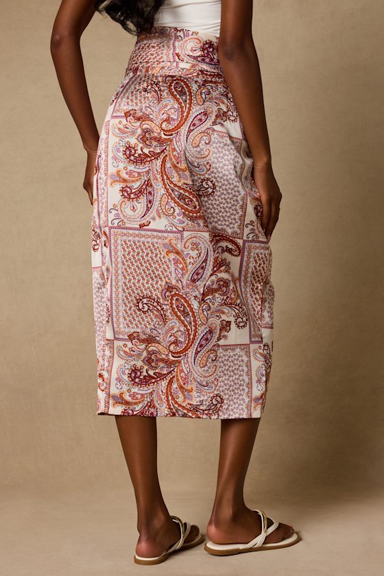 Take A Walk With Me Rust Paisley Print Satin Wrap Midi Skirt