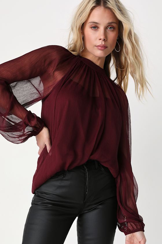 Angelically Airy Burgundy Balloon Sleeve Top