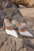 Celines White Satin Rhinestone Pointed-Toe Mule Pumps