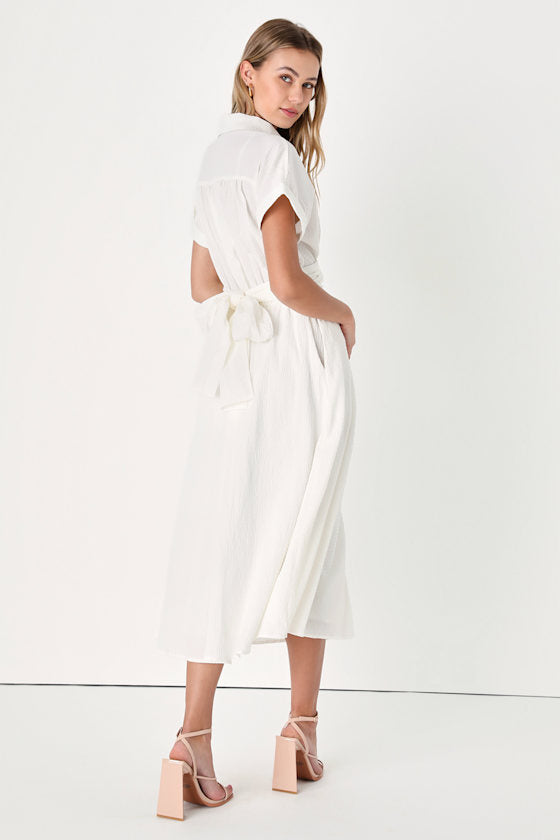 Palermo Perfection White Collared Midi Dress with Pockets