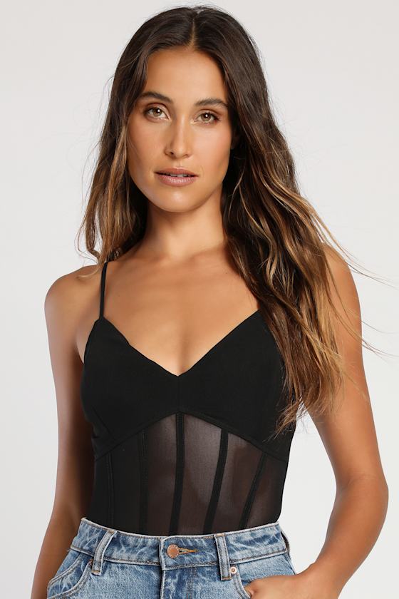 Hold Me Near Black Sleeveless Mesh Bustier Bodysuit