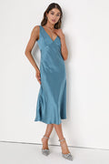 Incredible Love Slate Blue Satin Cowl Back Midi Slip Dress