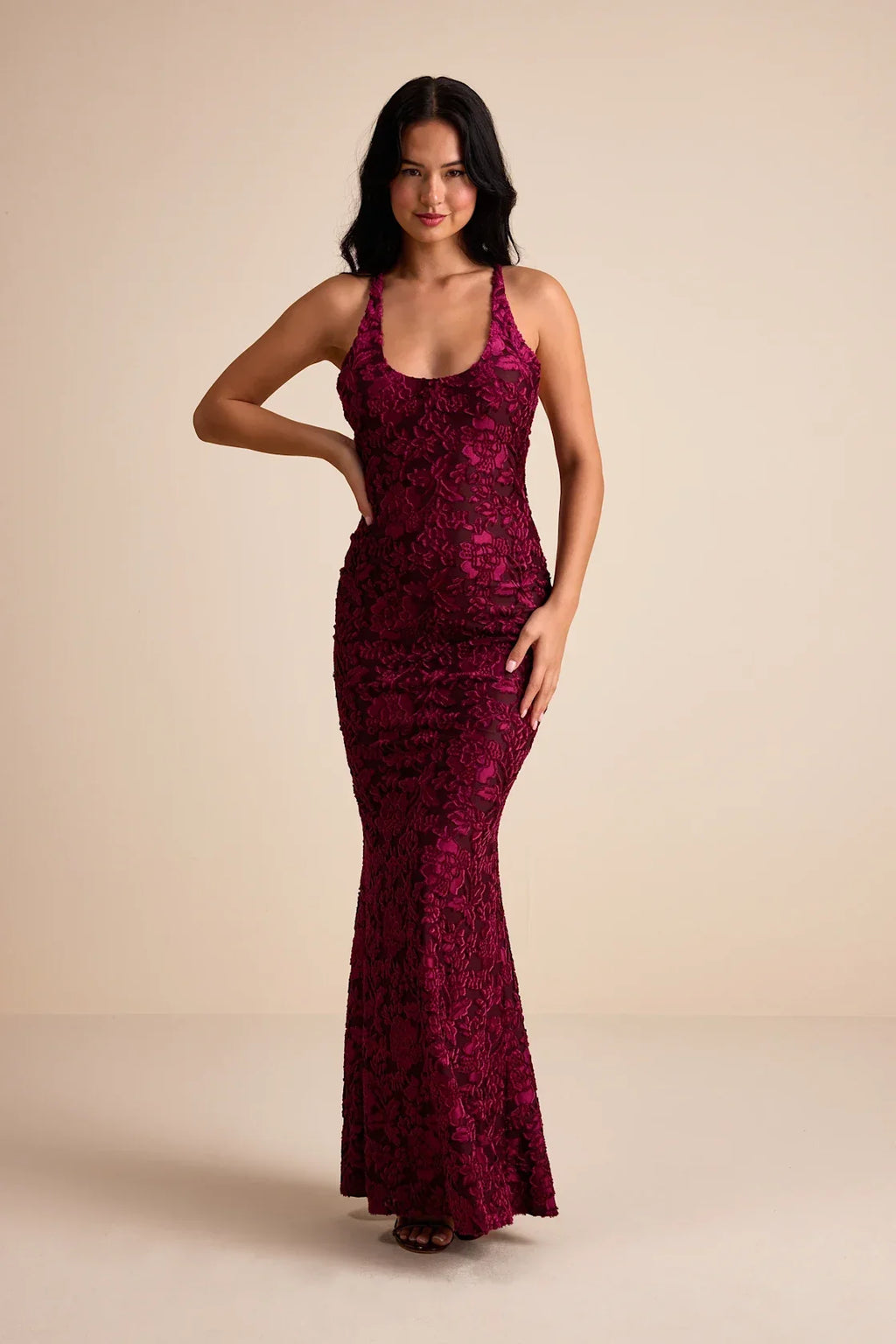 Renissa Burgundy Burnout Velvet Backless Mermaid Maxi Dress
