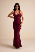 Renissa Burgundy Burnout Velvet Backless Mermaid Maxi Dress