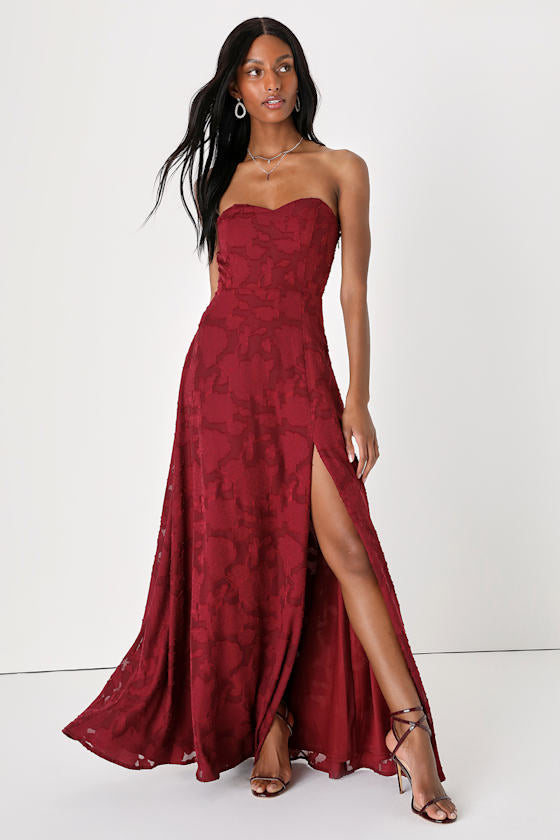 Garden of Romance Burgundy Floral Burnout Strapless Maxi Dress