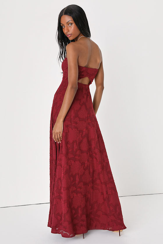 Garden of Romance Burgundy Floral Burnout Strapless Maxi Dress