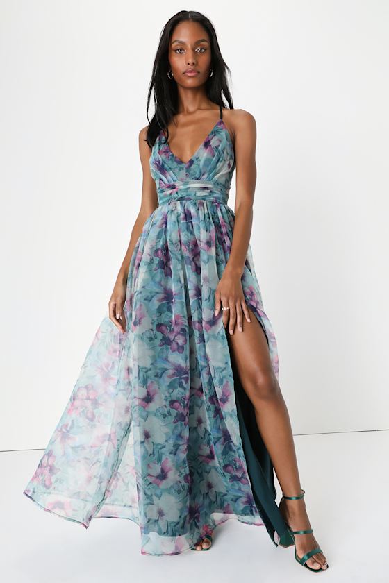 Romance That Wows Dark Teal Floral Print Organza Maxi Dress