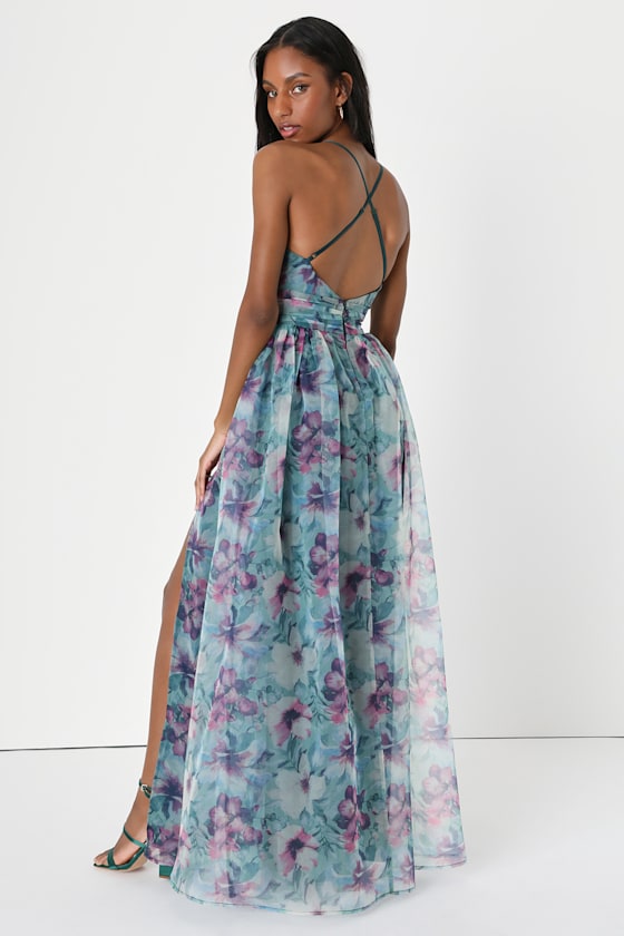 Romance That Wows Dark Teal Floral Print Organza Maxi Dress