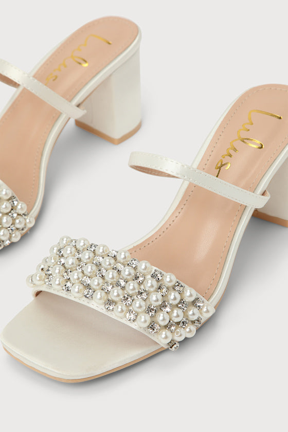 Karcen Ivory Satin Pearl Rhinestone High Heel Slide Sandals
