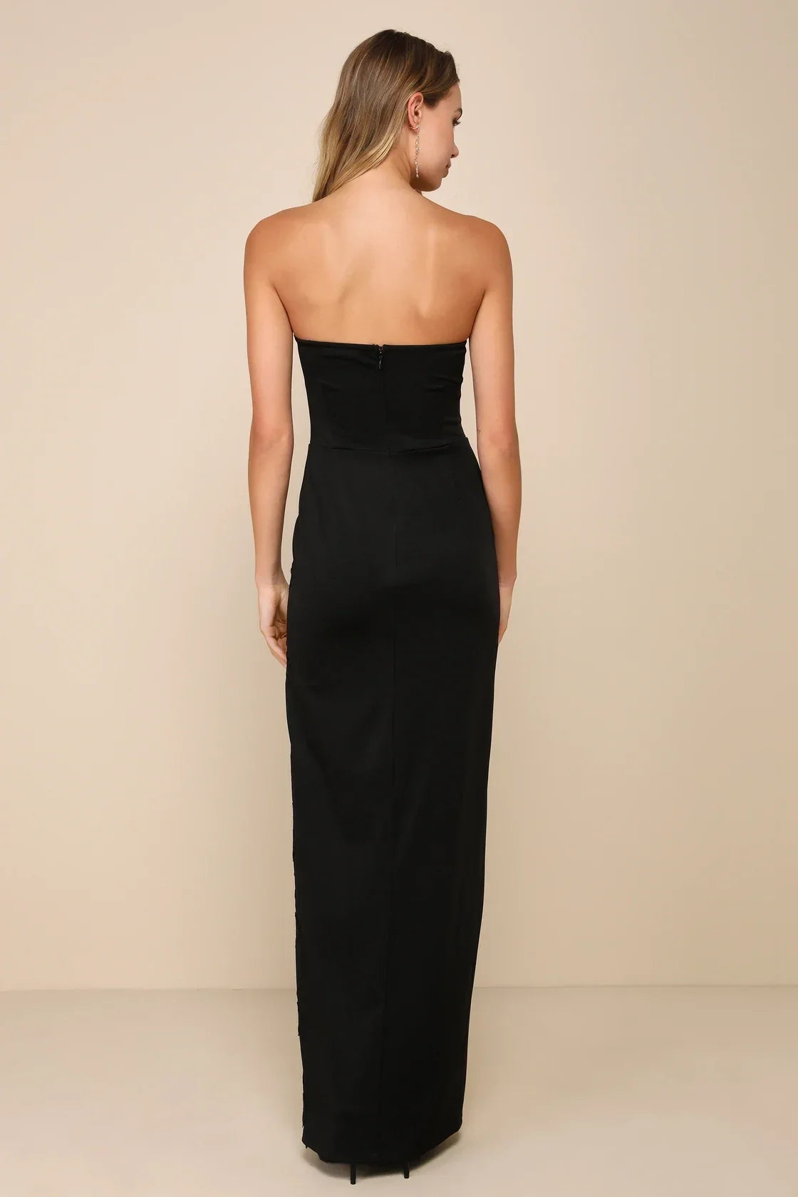 Elegant Mood Black 3D Floral Applique Strapless Maxi Dres