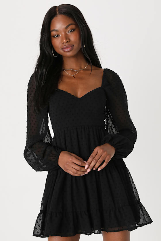 Longing And Love Black Swiss Dot Puff Long Sleeve Mini Dress