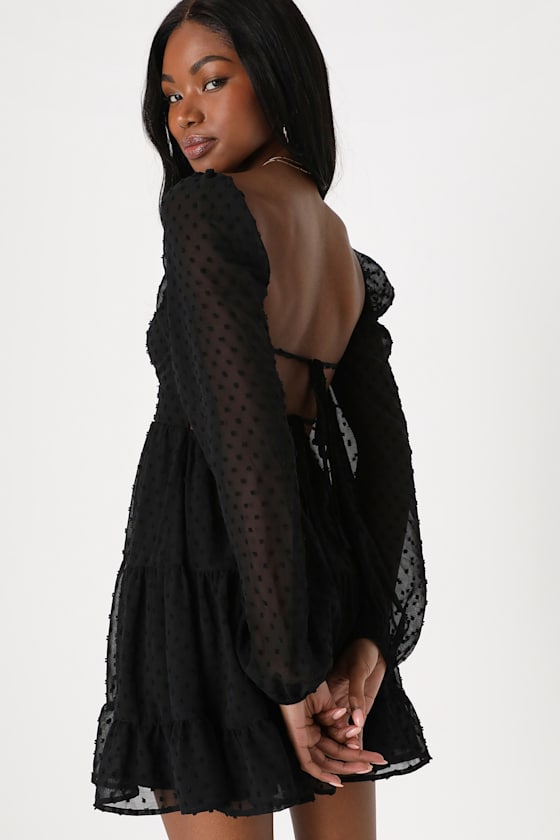 Longing And Love Black Swiss Dot Puff Long Sleeve Mini Dress