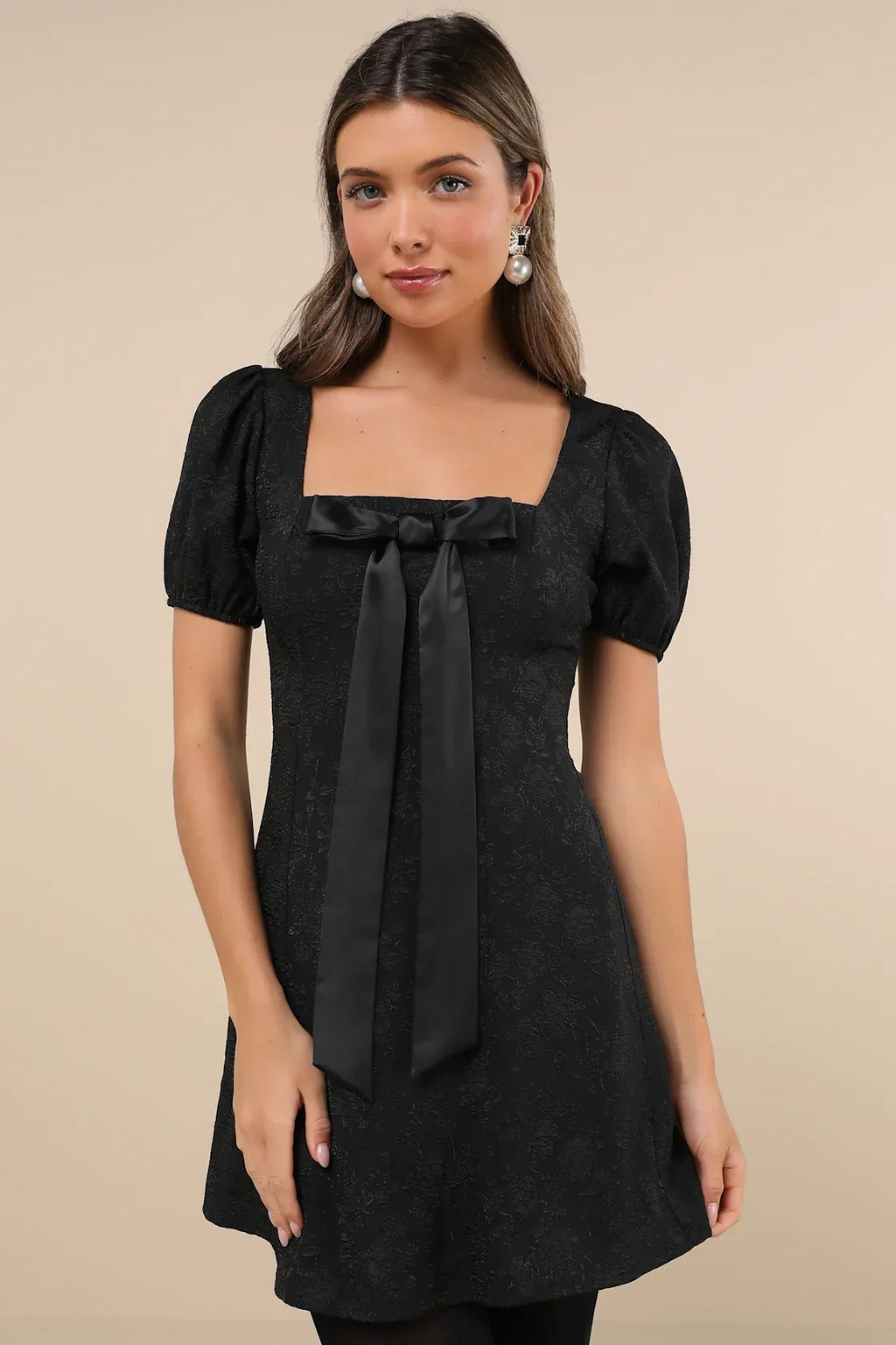 Polished Sweetie Black Jacquard Bow Puff Sleeve Mini Dress