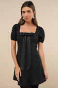 Polished Sweetie Black Jacquard Bow Puff Sleeve Mini Dress