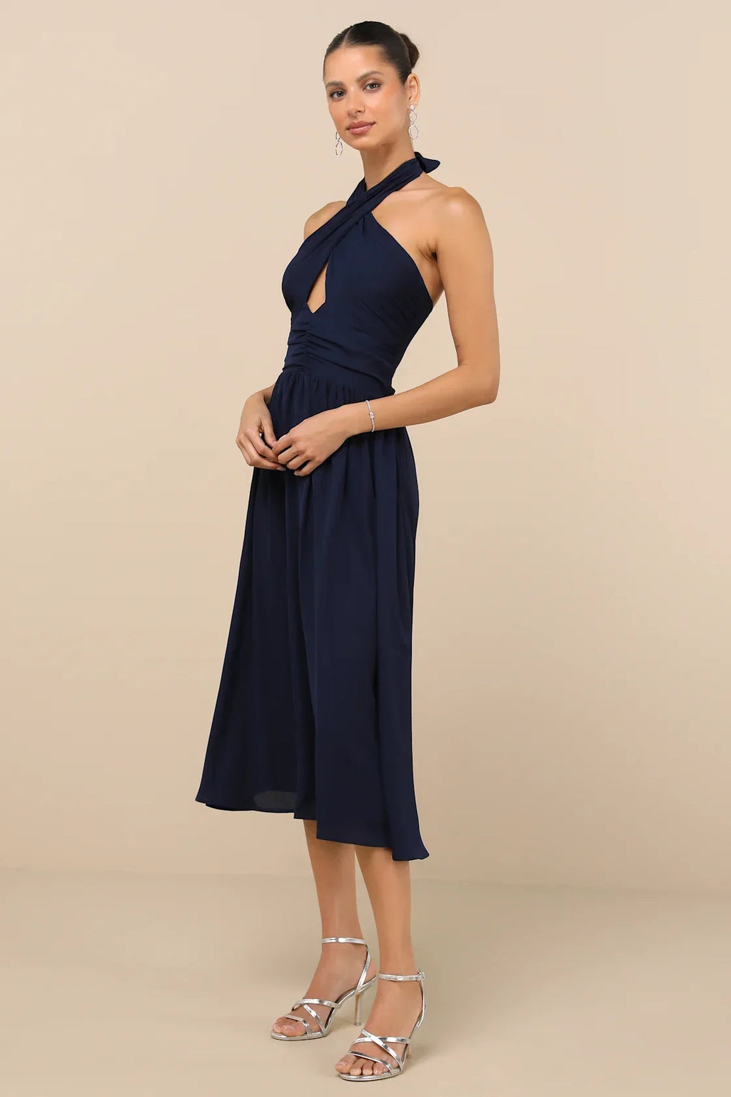Emrah Red Cross-Front Cutout Halter Midi Dress