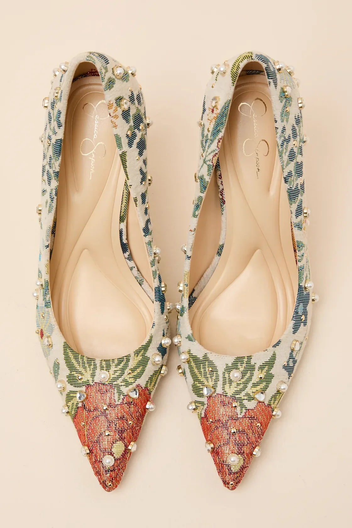 Wellica Cream Floral Jacquard Pearl Pointed-Toe Pumps
