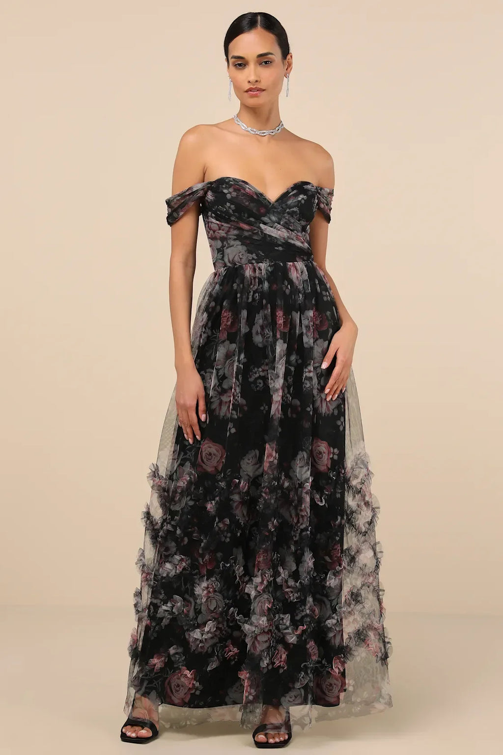 Ideal Beauty Black Floral Mesh Off-the-Shoulder Maxi Dress