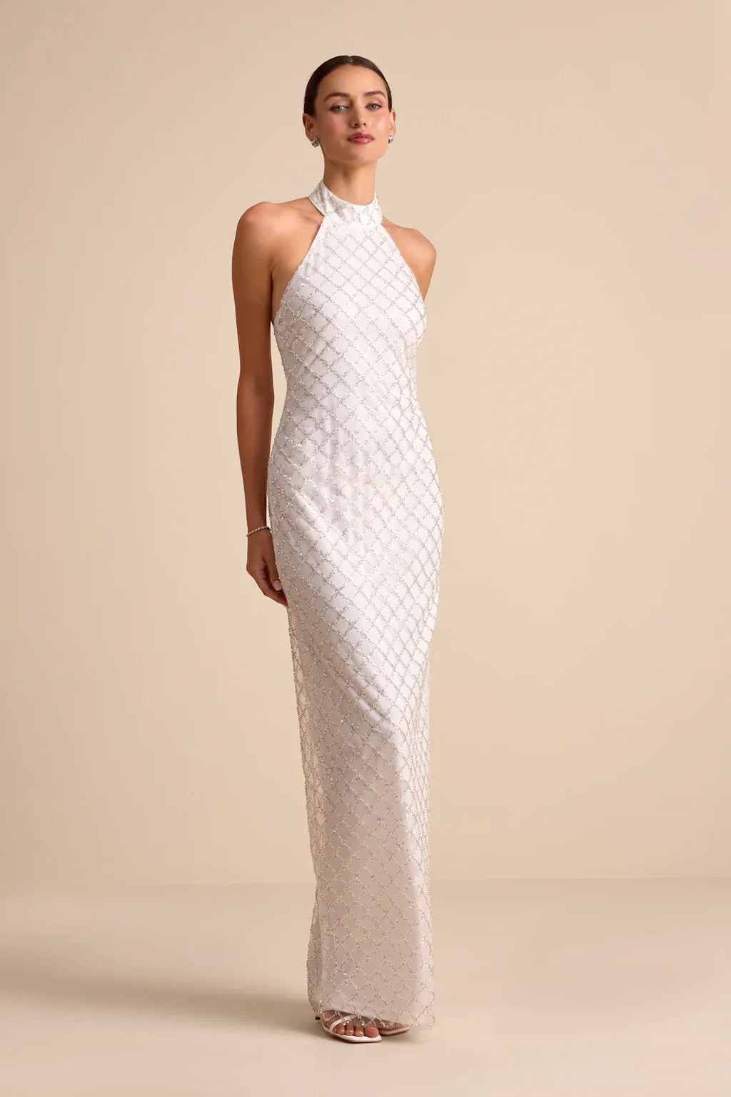Novalea White Sequin Halter Maxi Dress