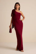 Amarila Burgundy One-Shoulder Velvet Bow Maxi Dress