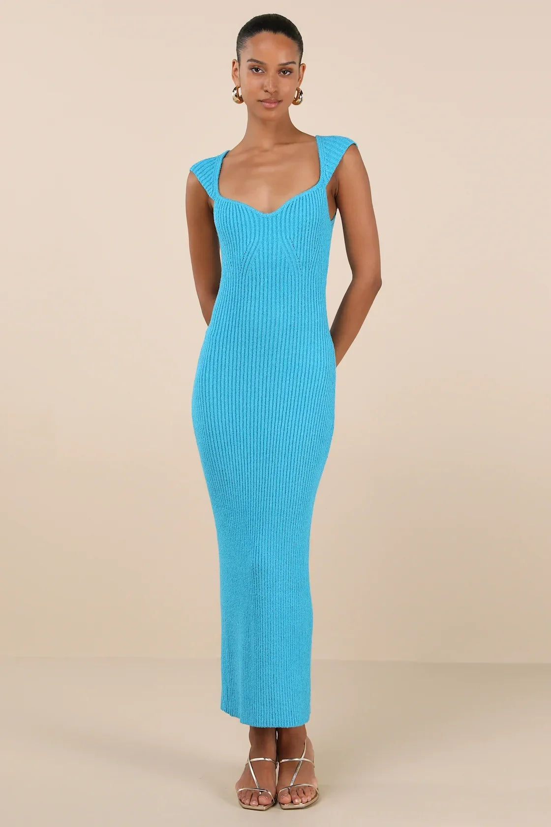 Chiara Turquoise Ribbed Knit Cap Sleeve Midi Dress