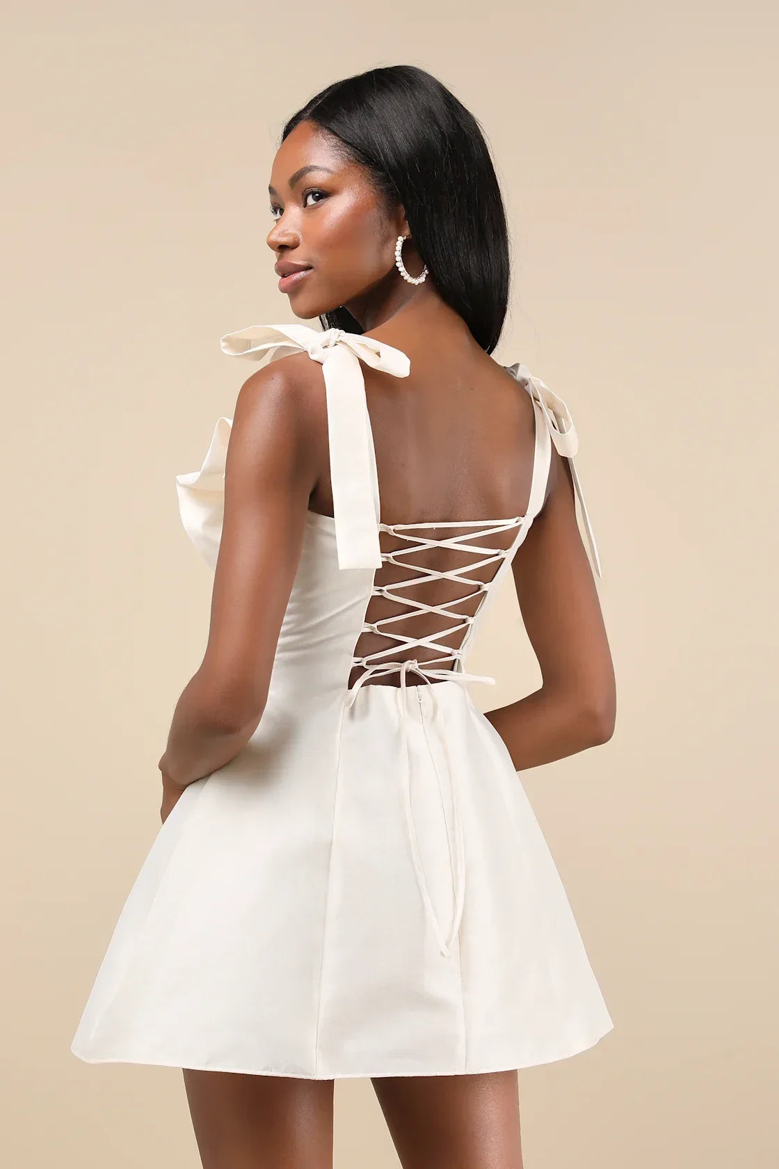 Glamorous Luxury Champagne Taffeta Bow Lace-Up Mini Dress