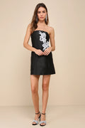 Tasteful Presence Black Taffeta Floral Embroidered Mini Dress