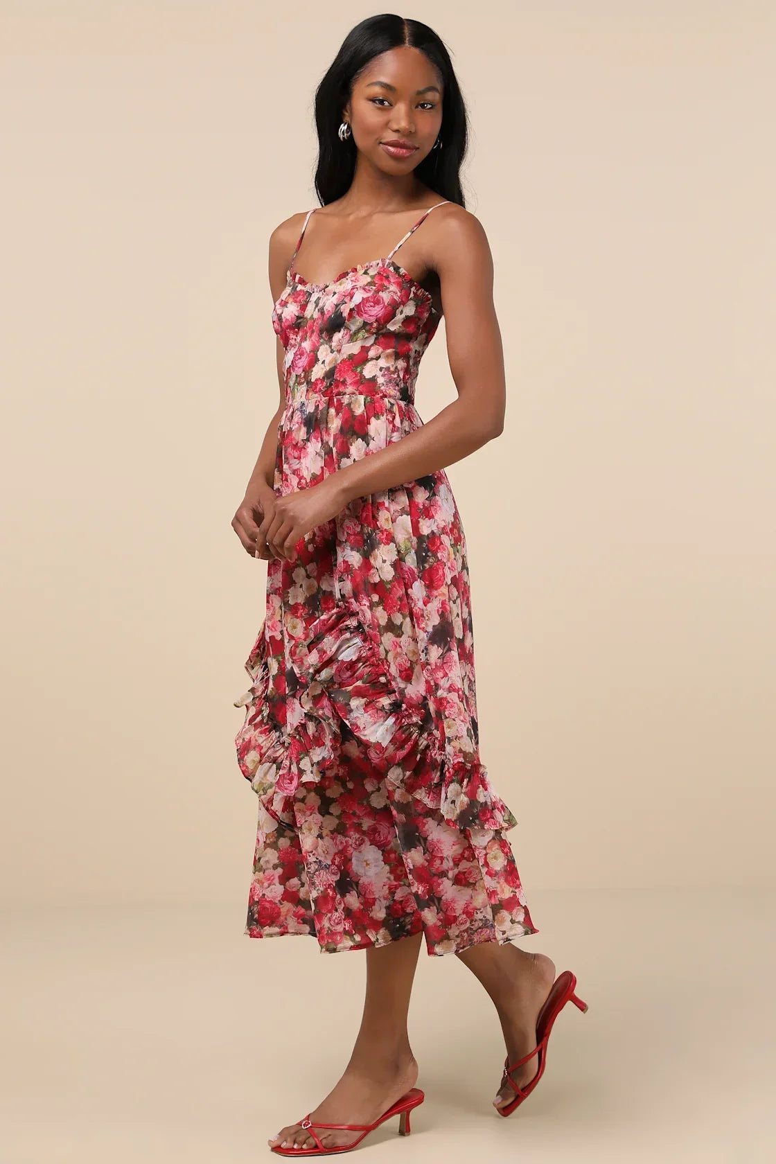 Maisley Red Multi Floral Bustier Ruffled Midi Dress