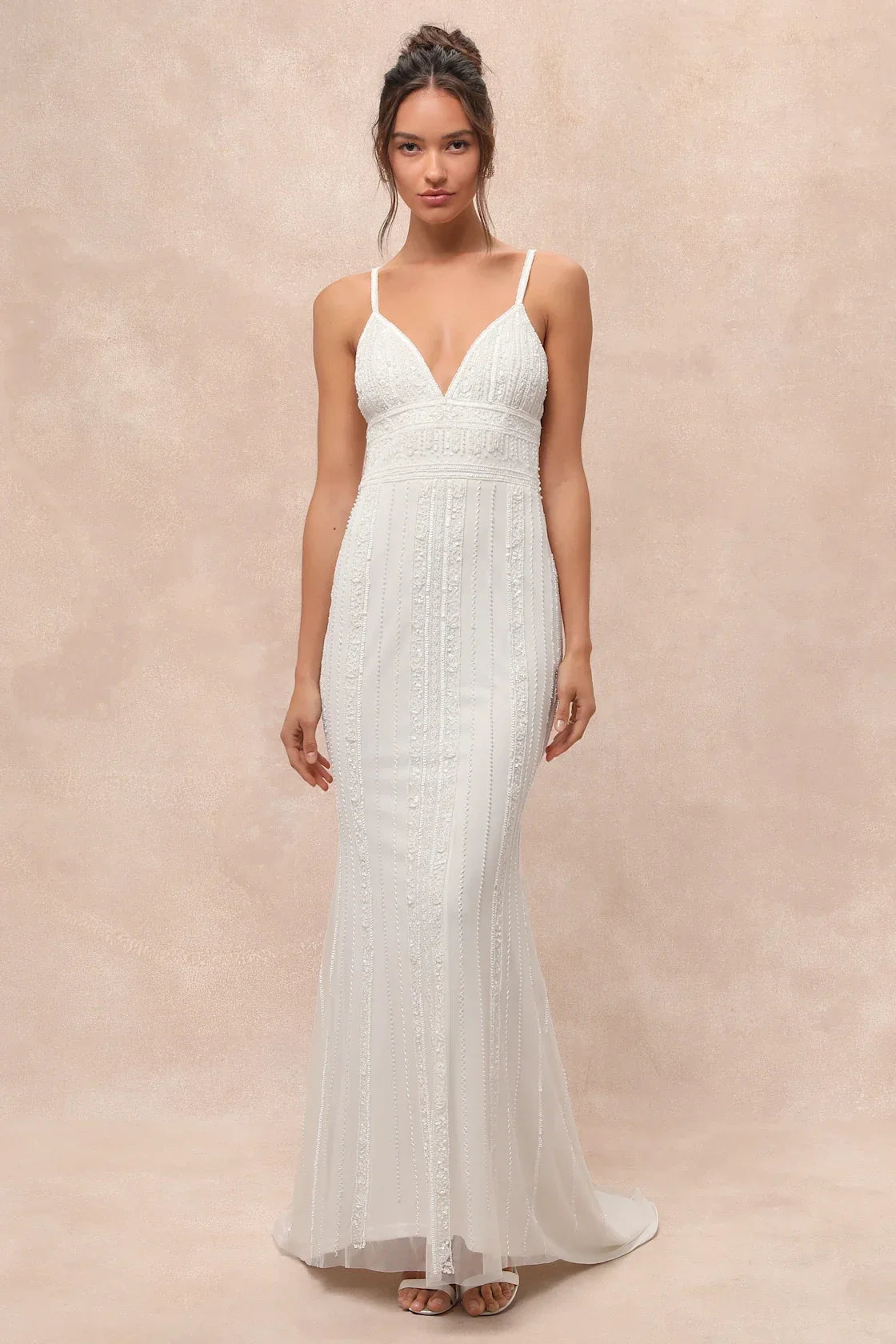 Stunning Vow White Beaded Sequin Maxi Dress