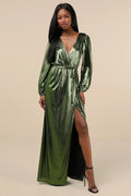 Extra Aesthetic Black Shiny Long Sleeve Surplice Maxi Dress
