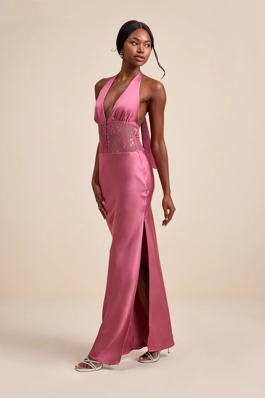 Lennon Black Satin Lace Halter Maxi Dress