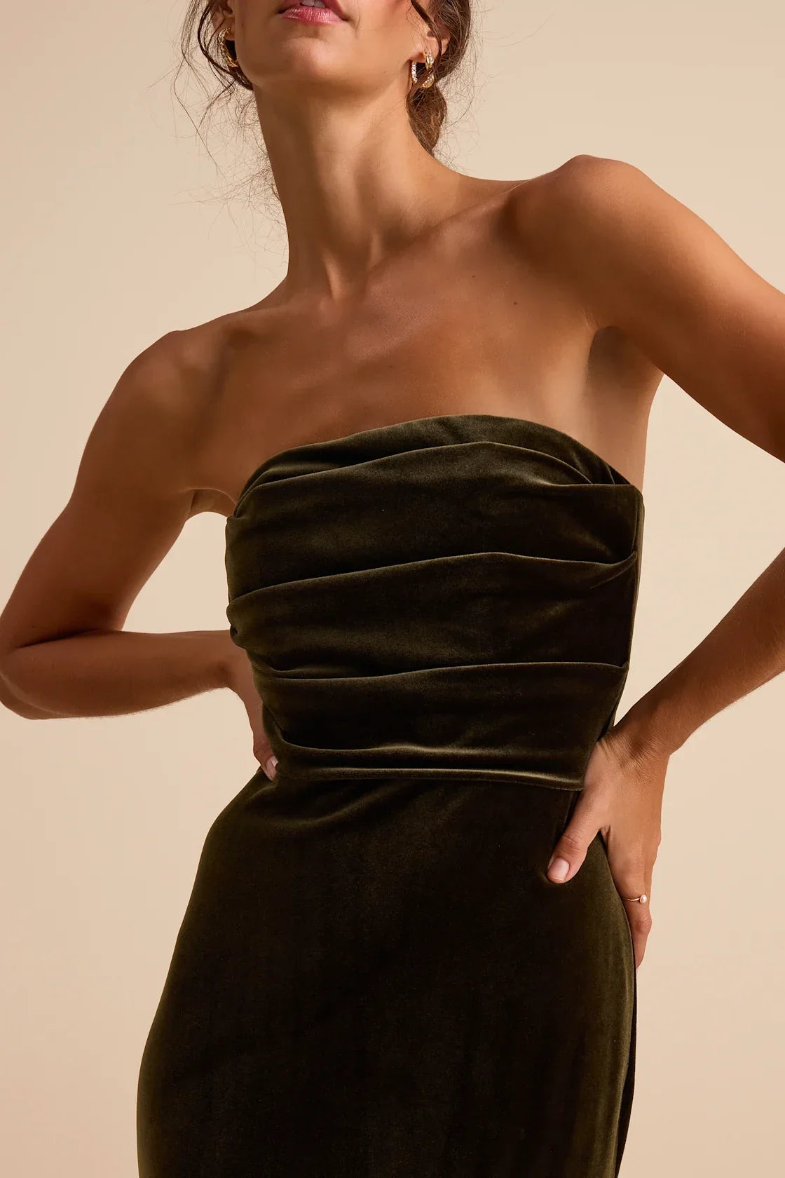 Maren Olive Velvet Strapless Mermaid Maxi Dress