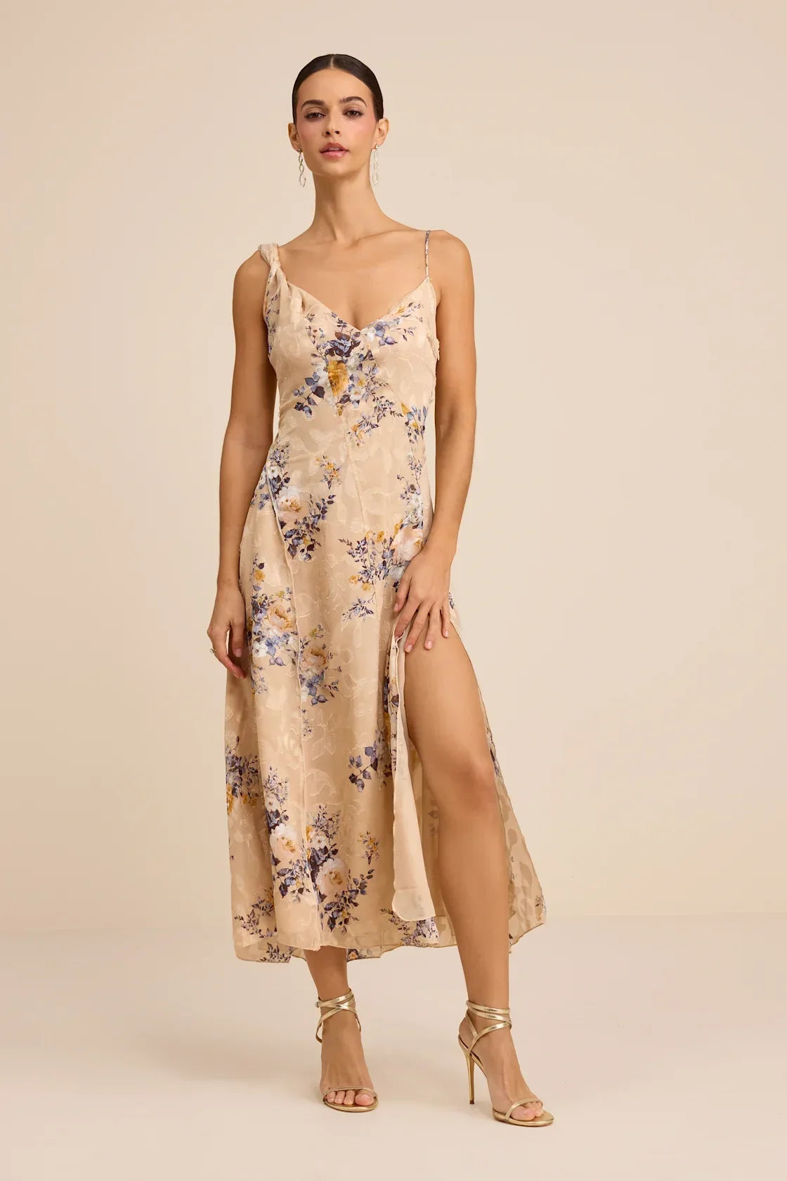 Eirwen Beige Floral Burnout Asymmetrical Midi Dress