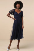 Glorious Chicness Navy Tulle Pleated Puff Sleeve Midi Dress