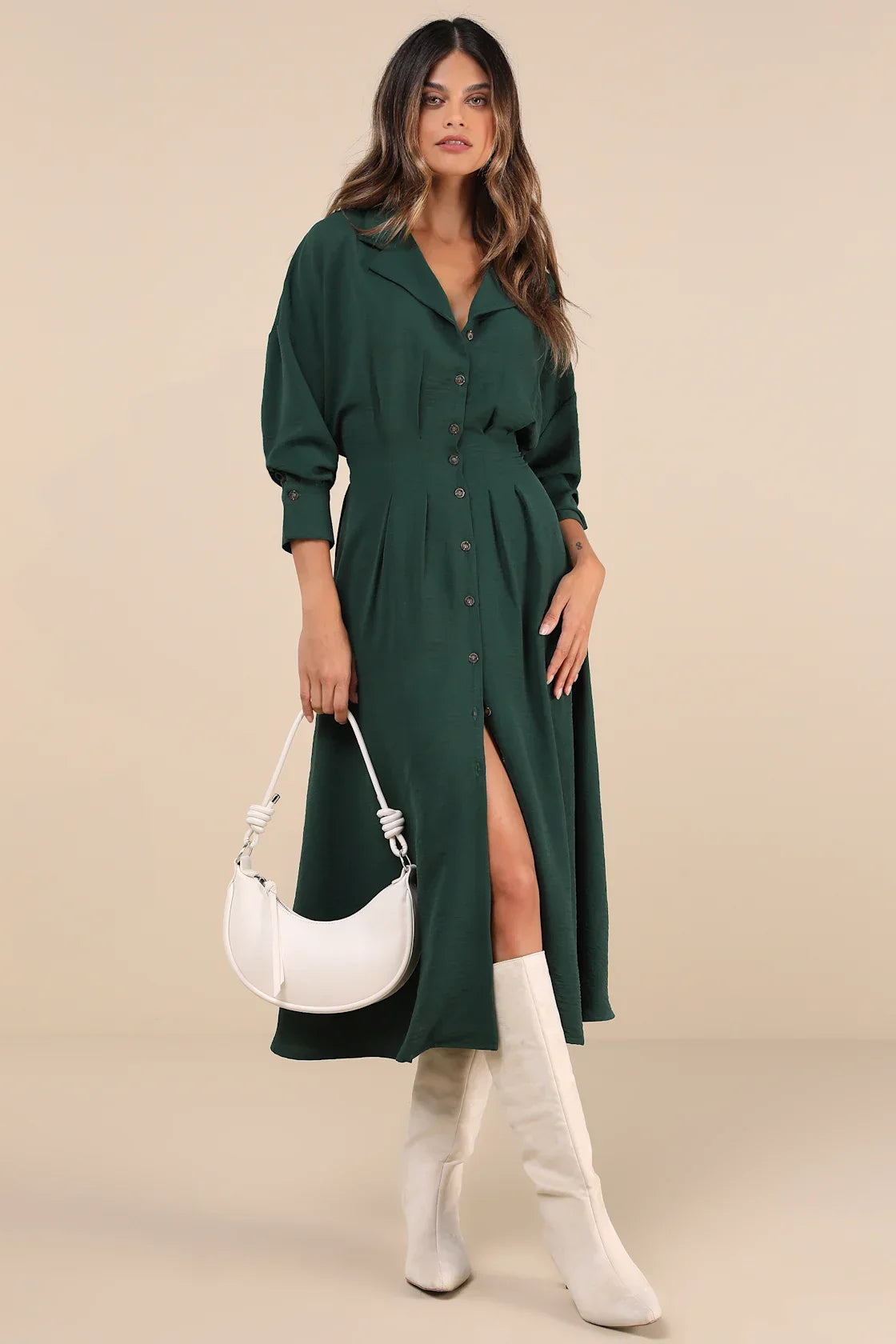 Timeless Class Rust Collared Button-Up Pleated Midi Dress