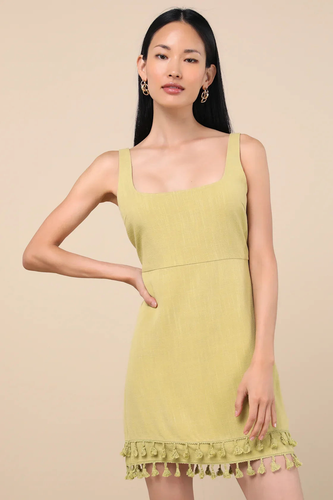 Feel the Sunshine Chartreuse Linen Tassel Mini Dress