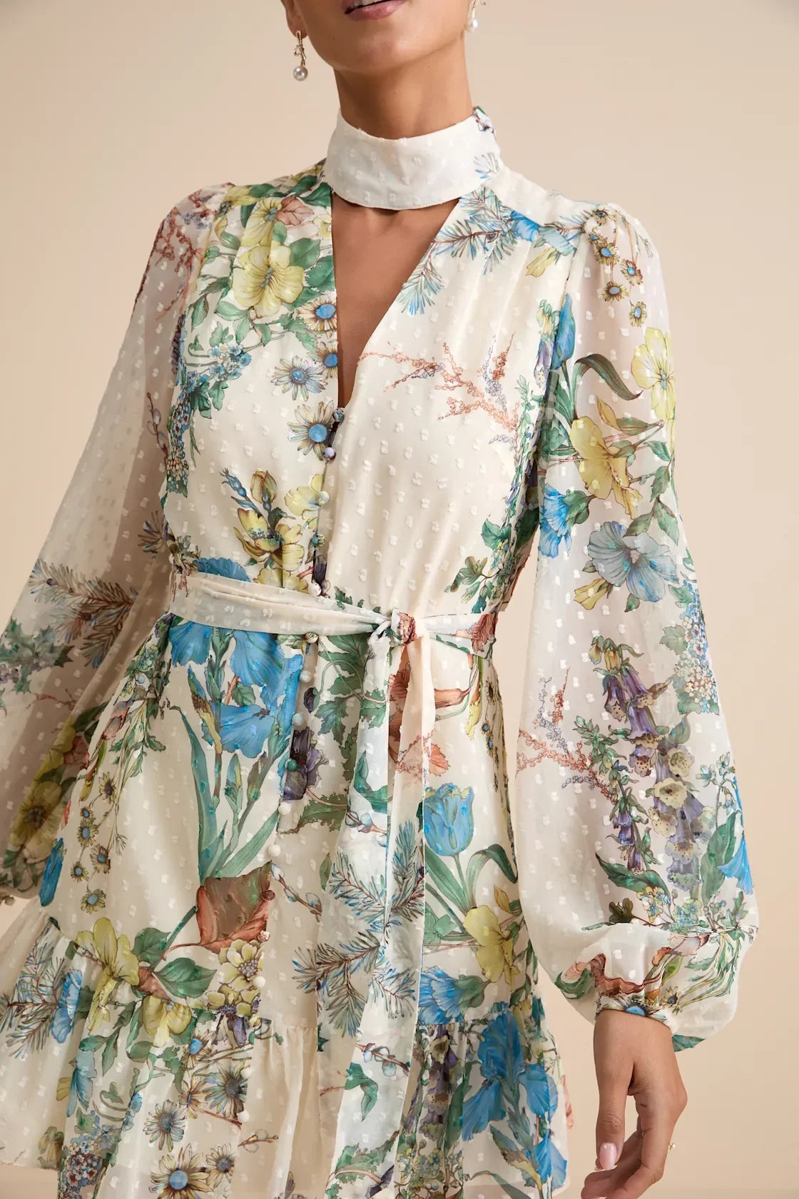 Ayame Ivory Floral Swiss Dot Balloon Sleeve Mini Dress