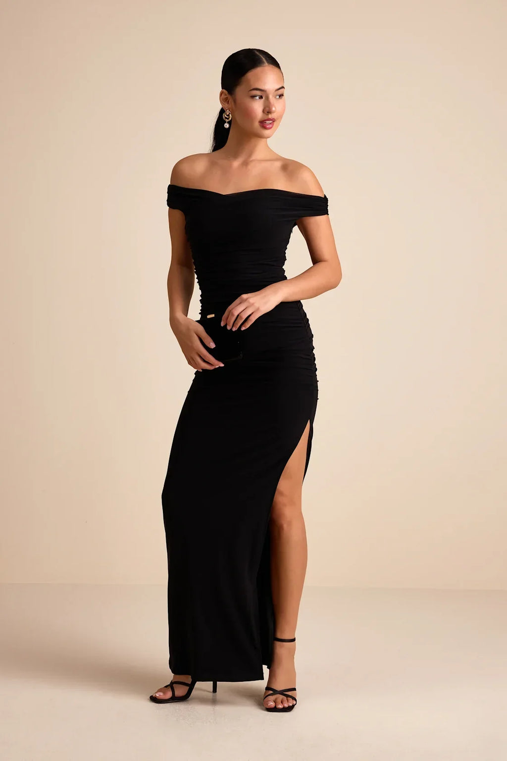 Scotia Black Mesh Ruched Off-the-Shoulder Maxi Dress