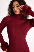Labelle Wine Red Ribbed Faux Fur Sweater Mini Dress